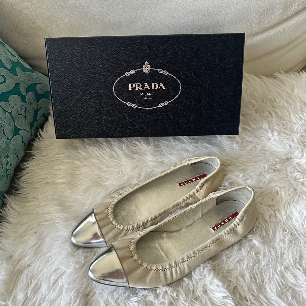 Prada Cream and Silver Flats with Metallic Cap Toe